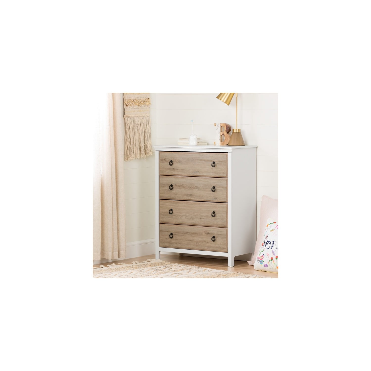 White and Rustic Oak 4-Drawer Vertical Nursery Dresser