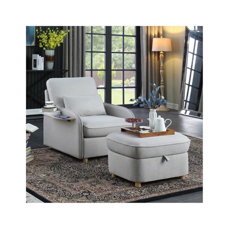 Homestock Artistic Accomplishment Light Gray Linen Accent Chair with Storage Ottoman and Folding Side Table
