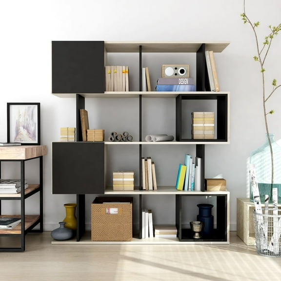 Modern Geometric Bookcase - Asian Style Display Shelf for Living Room, Office, & Library
