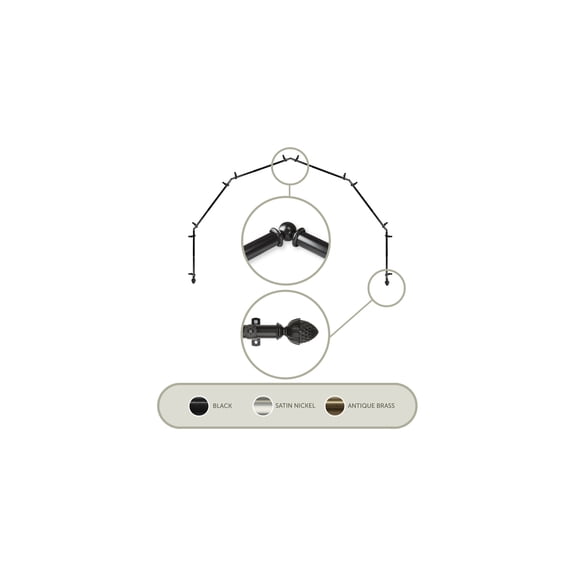 Bay Window Curtain Rod - 6-Sided Corner Rods, Black Drapery Hardware - 13/16 Inch Single Rod