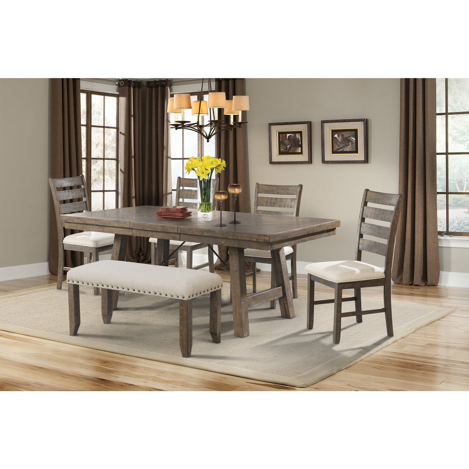 Smokey Walnut Extendable Dining Table Set with Cream Upholstery