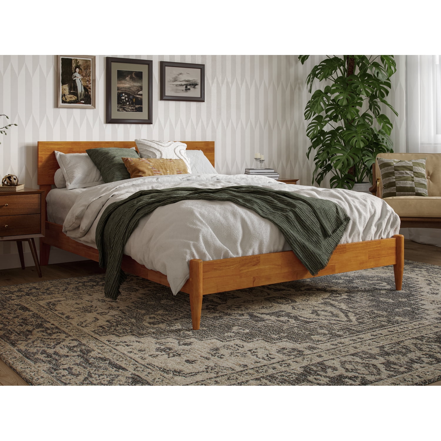Light Toffee Full Solid Wood Low Profile Platform Bed with Adjustable Headboard