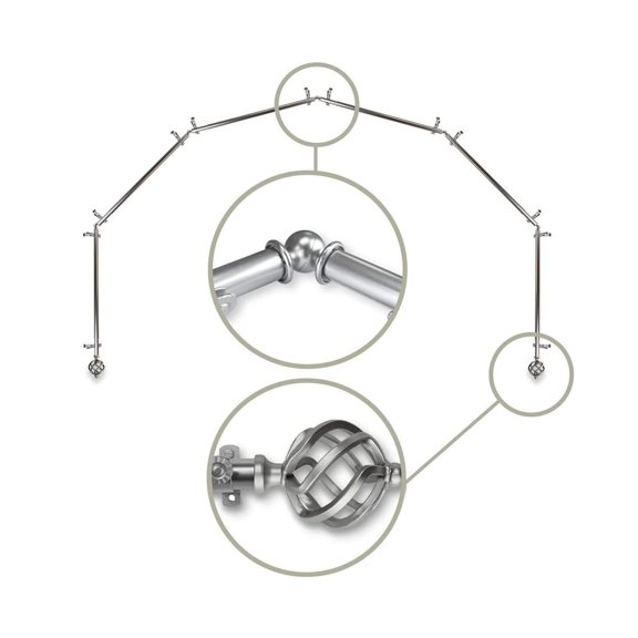 Bay Window Curtain Rod - 6-Sided Corner Rods, Satin Nickel Finish - Baroque Style Drapery Hardware