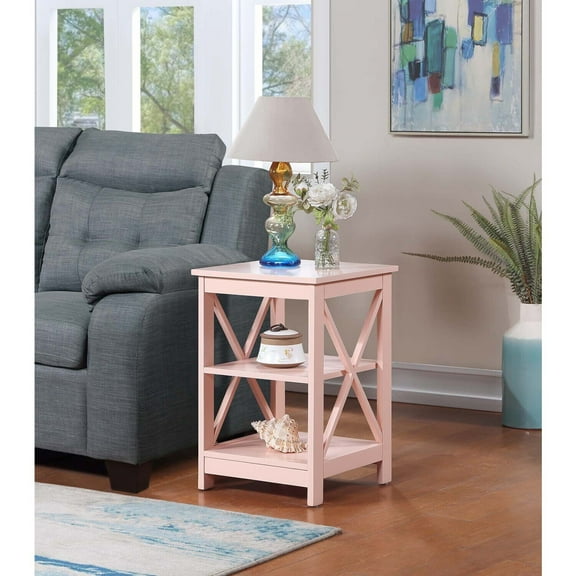 Homestock Baroque Beauty End Table With Shelves, Blush Pink, 15.75x15.75x24", 3-Tier Shelving, MDF, Easy Set Up