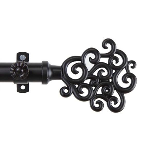 Black Curtain Rod - 28 to 48 Inch Adjustable Metal Rod with Finials - Wall Mounted Window Treatment Hardware