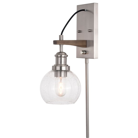 Wall Sconce Reading Light - Plug In Sconce with Wood Accent & Seeded Glass Globe - Satin Nickel Finish