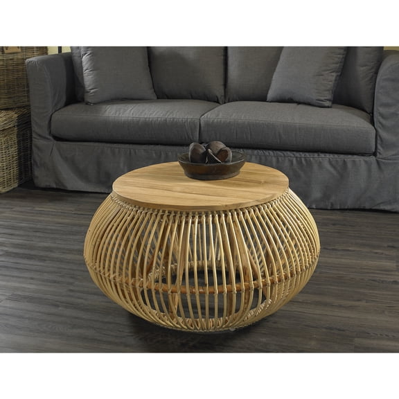 HomeStock Baroque Bonanza Coffee Table with Handcrafted Teak Wood Top and Rattan Base, Perfectly Suited for Beach or Lake House Settings
