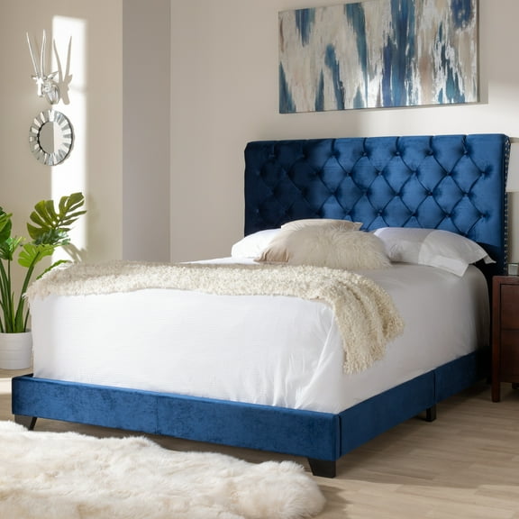 King Size Velvet Bed - Navy Upholstered Bed with Nailhead Trim & Tufted Headboard
