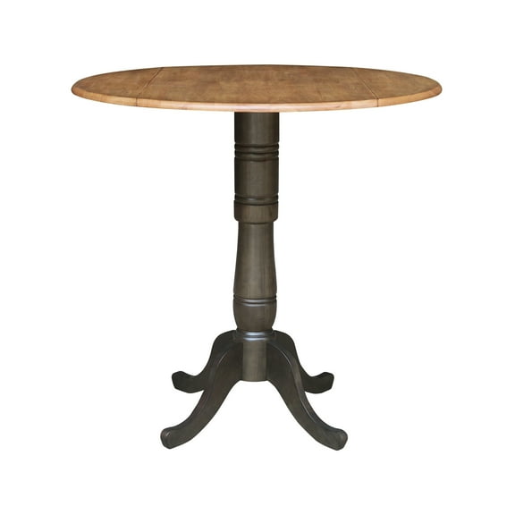Round Drop Leaf Bar Height Dining Table - 42" Solid Hardwood Pedestal Table, Hickory Finish