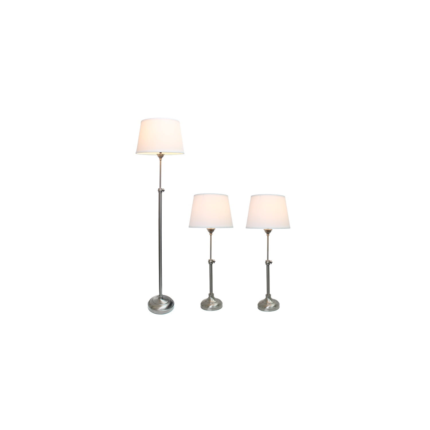 Brushed Nickel Elegance 3-Piece Adjustable Lamp Set with White Shades