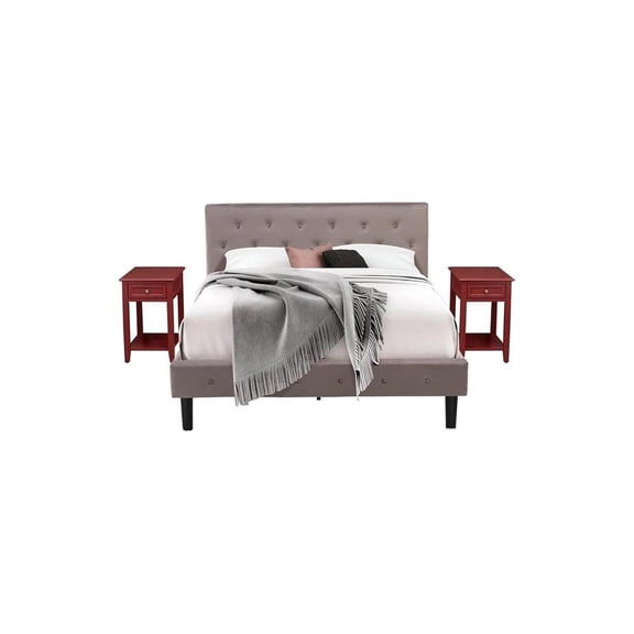 Beachy 3 Piece Bed Set - Button Tufted Platform Bed - Velvet Fabric Upholstered Headboard And A Nightstand