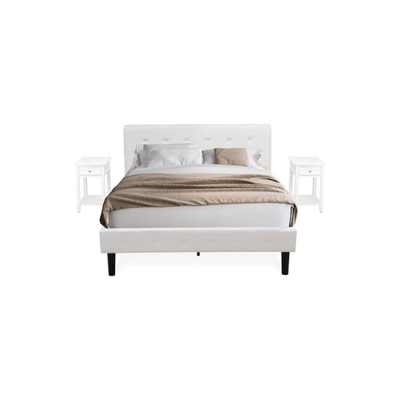 Homestock Beachy 3 Piece Bed Set - Button Tufted Platform Bed - Velvet Fabric Upholstered Headboard And A Nightstand-Color:Linen White/White,Size:Queen