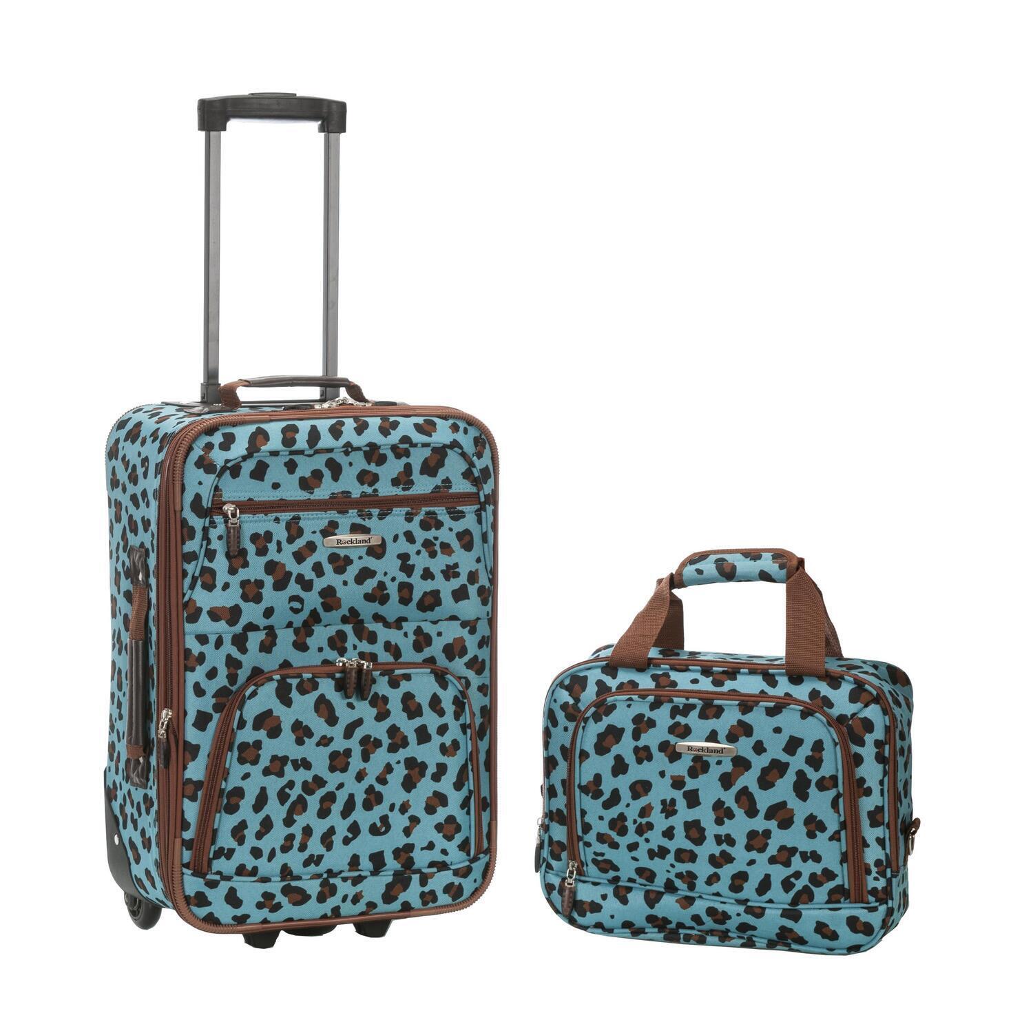 Homestock Beachy Beauty Carry-On Luggage Set - Blue Leopard Design, 2-Piece Set With Expandable 19" Upright And 12" Tote Bag, Durable Polyester Fabric, Ergonomic Handles, Telescoping Handle