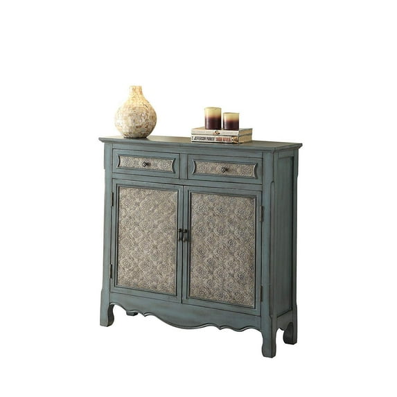 Homestock Beachy Beauty Console Table - Antique Blue Finish, Rectangular Storage Cabinet With 2 Drawers & 2 Doors, Wooden Construction, 1 Shelf Inside, Dimensions 36" X 11" X 35"H