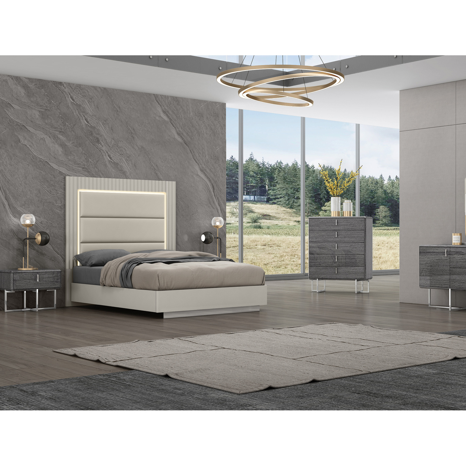 Queen Bed Frame Grey Upholstered Headboard with Light Stainless Steel Base
