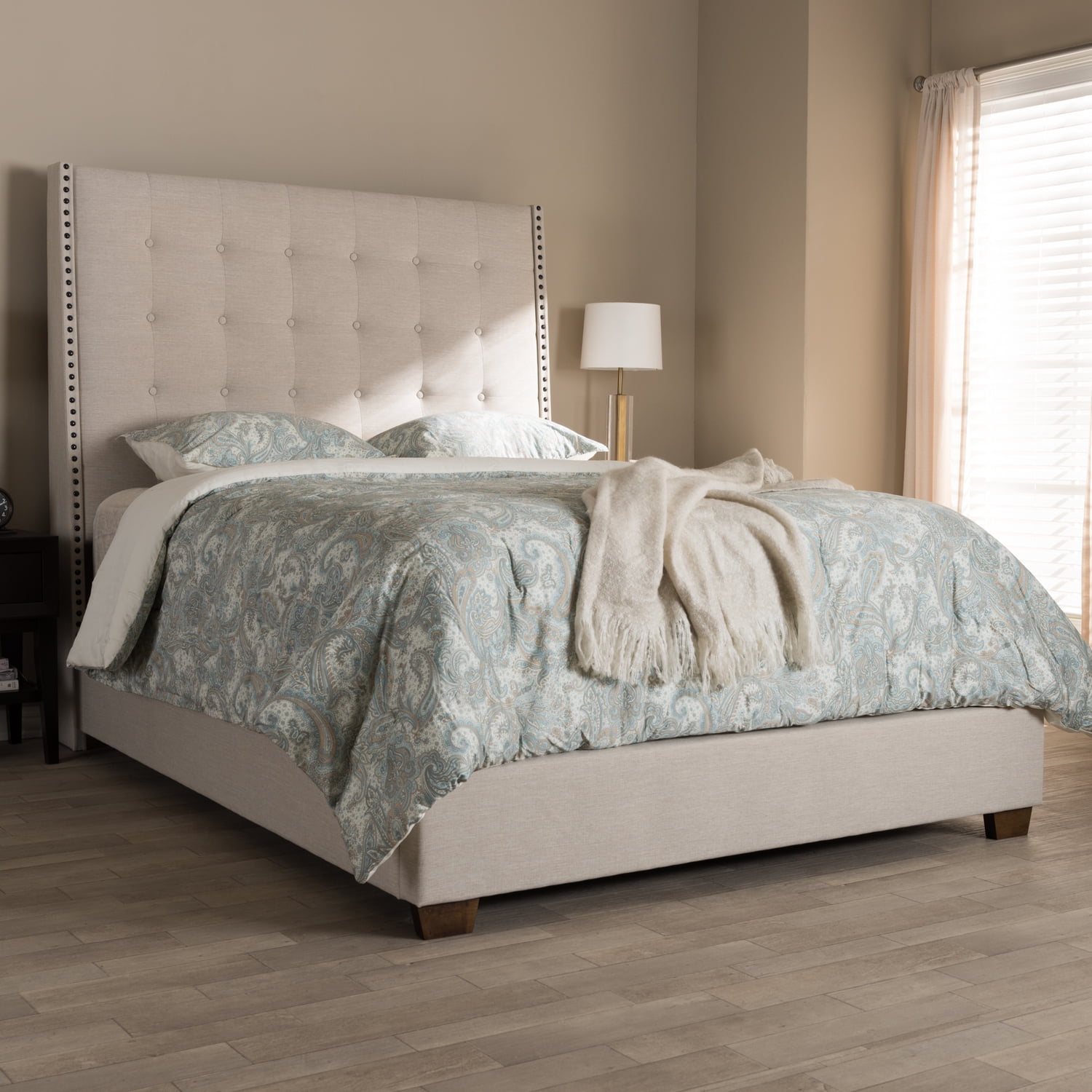 Homestock Beachy Boho Light Beige Fabric Upholstered King Size Bed ...