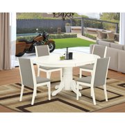 Homestock Bohemian Bliss 5-Piece Modern Dining Table Set Ncluded, Butterfly Leaf Oval Modern Dining Table & 4 Padded Parson Chairs, Shitake Linen Fabric Parson Dining Chairs Seat, Linen White
