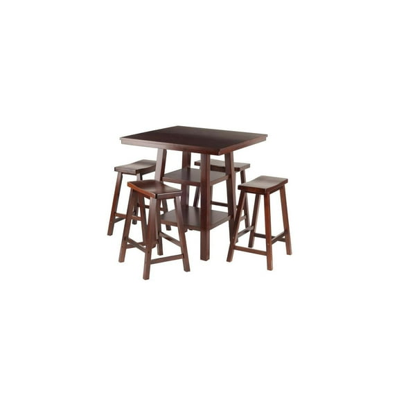 Bohemian Bar Table with 4 Stools - High Dining Set, Walnut Finish, 33.8" Square Table