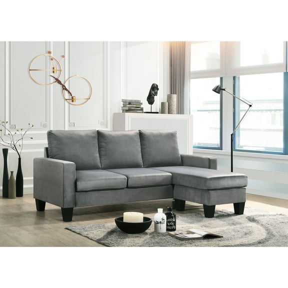 Modern Chaise Sectional Sofa - Convertible Sleeper, Small Space Living Room Furniture, Gray