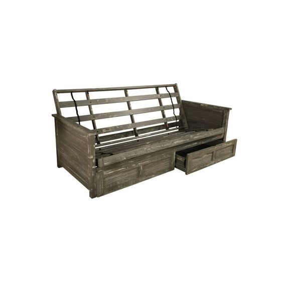 Homestock Old World Charm Weathered Gray Finish Futon Frame with Mattress, Solid Hardwood Construction, Converts to Standard Full Size Bed-Color:Frame Only,Size:With Storage Drawers