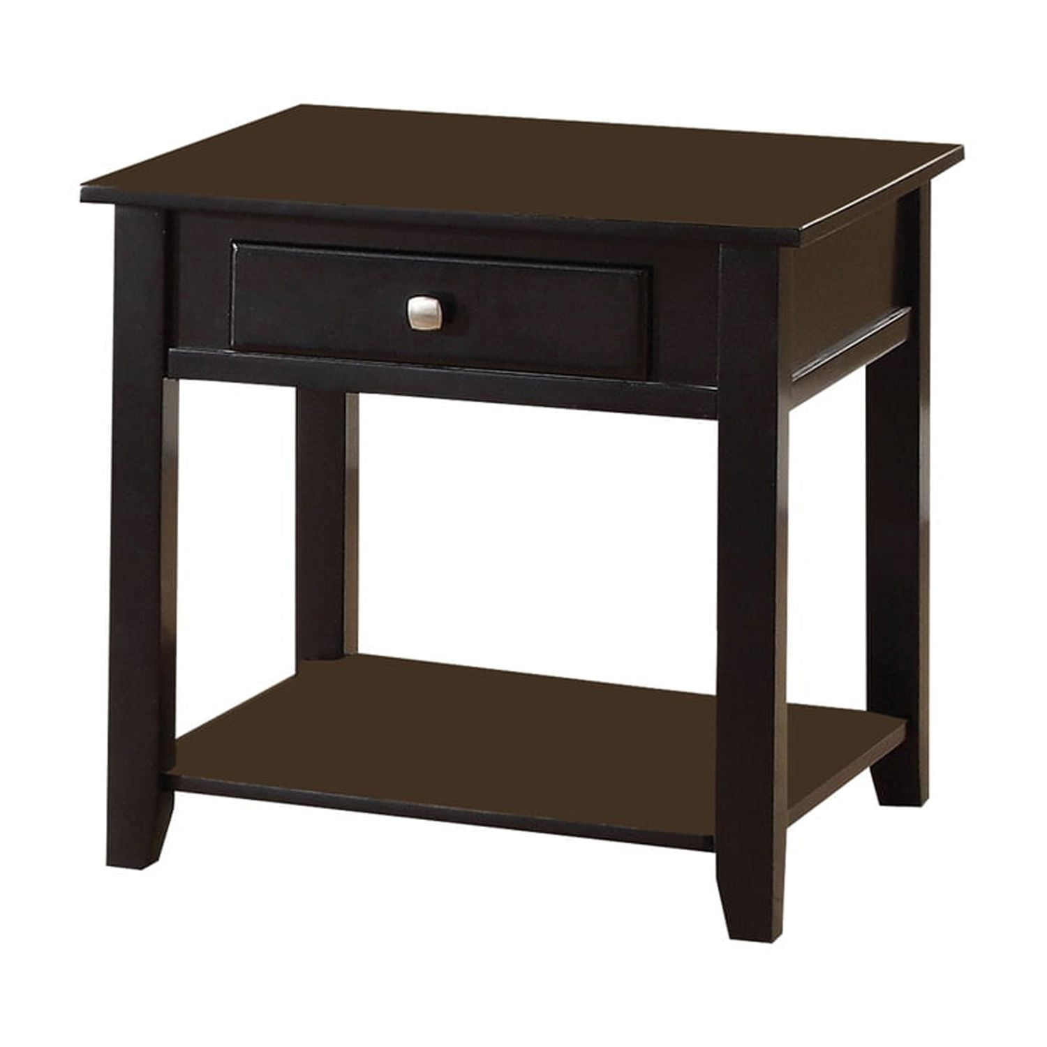 Black Wooden End Table with Drawer and Bottom Shelf