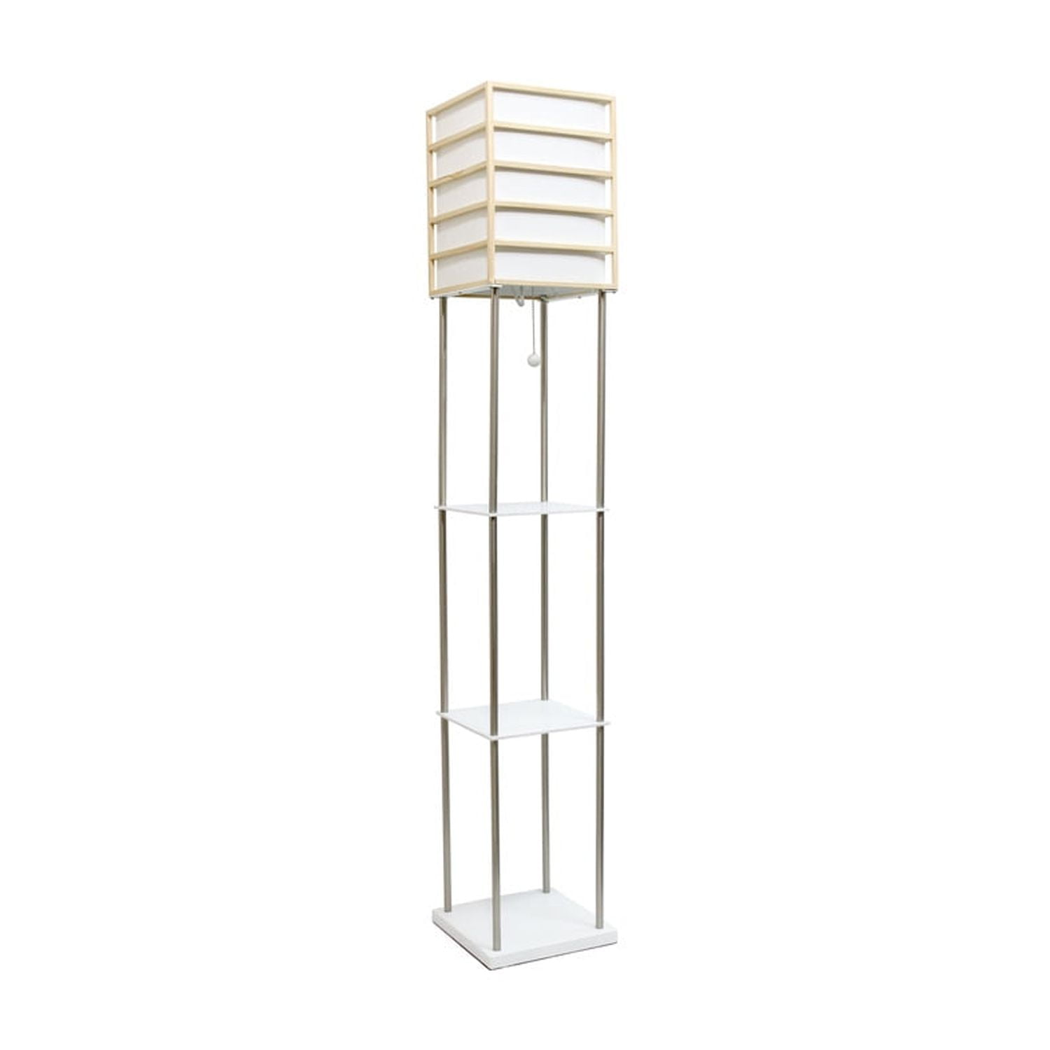 Homestock City Sleek Floor Lamp With Storage Shelves, Pull-Chain On/Off Switch And Linen Shade, Light Wood - Standing Light For Living Room, Bright Lamps W/ Shelves For Living Room