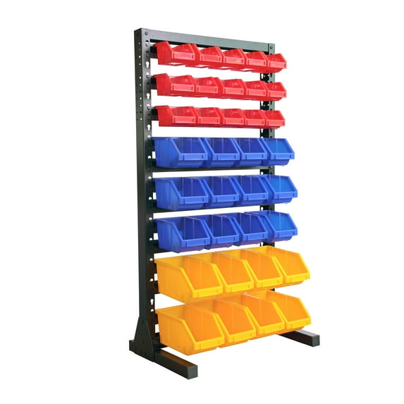 Homestock City Sleek Hanging Bin Rack Storage System Heavy Duty Steel Rack Organizer Shelving Unit With 35 Plastic Bins In 8 Tiers, 25"W X 16"D X 48"H In Black, Red, Blue, Yellow