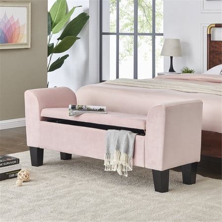 Homestock City Sleek Pink Velvet Fabric Upholstered Ottoman Glam Bench with Storage Space, Full Foam Seat Cushion, Block Legs, Contemporary Style Ottoman Storage Bench, 16.50 x 55.00 x 23.00 Inch