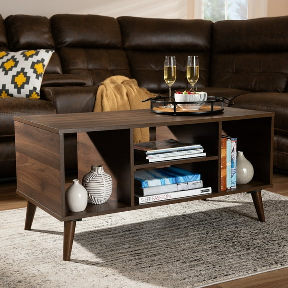 Homestock City Sleek Walnut Finished Coffee Table, Angled Legs, Four (4) Open Shelves, Brown Finish, Living Room Furniture, 19.5 X 39.4 X 19.5 Inches