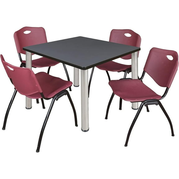 Homestock Classic Charm 36" Square Lounge Table Grey/ Chrome With 4 'M' Nesting Chairs, Burgundy - Ergonomic Breakroom Furniture Set For Staff Break Room, Tables & Chair, Breakroom Set