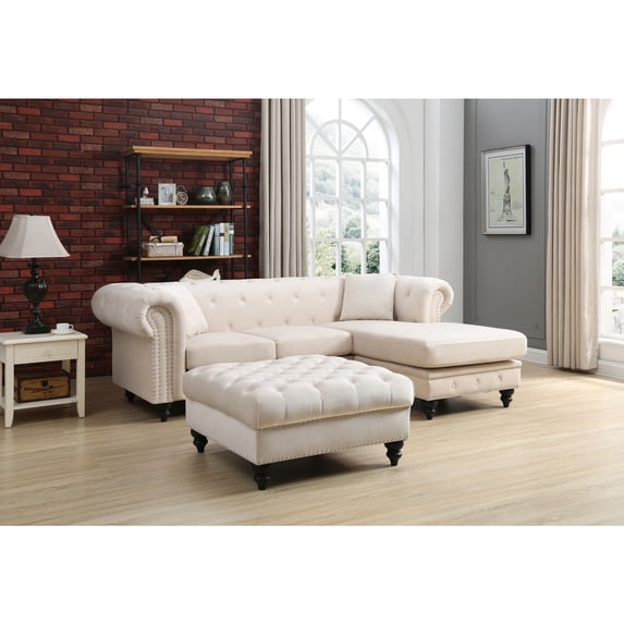 Coastal Sofa Chaise - Velvet Chesterfield Sectional, Ivory Living Room Furniture