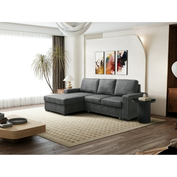 Coastal Sectional Sofa Bed with Chaise & Storage - 2 Seater Sleeper Sofa, Dark Grey Fabric
