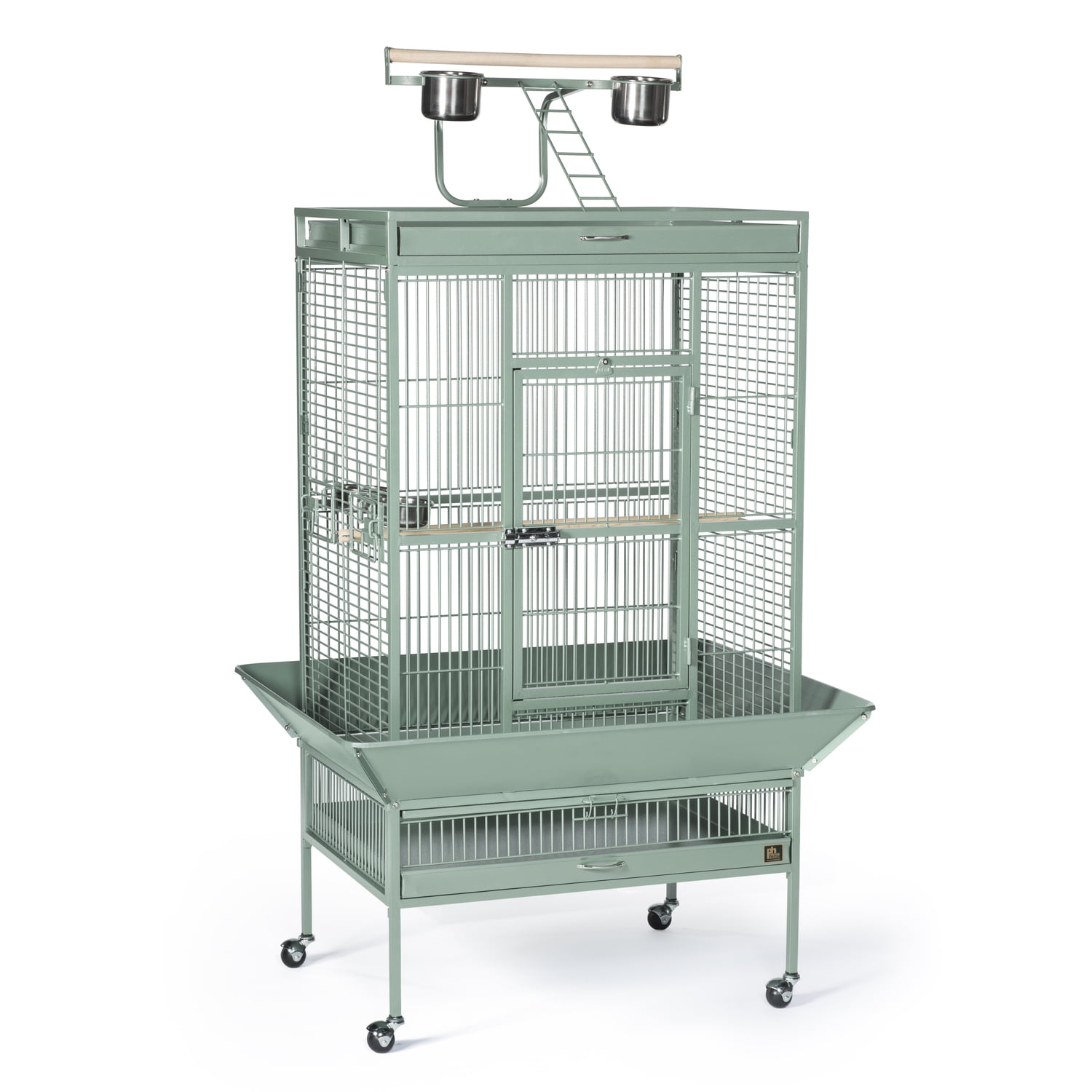 Medium Sage Green Wrought Iron Bird Cage with Play Stand