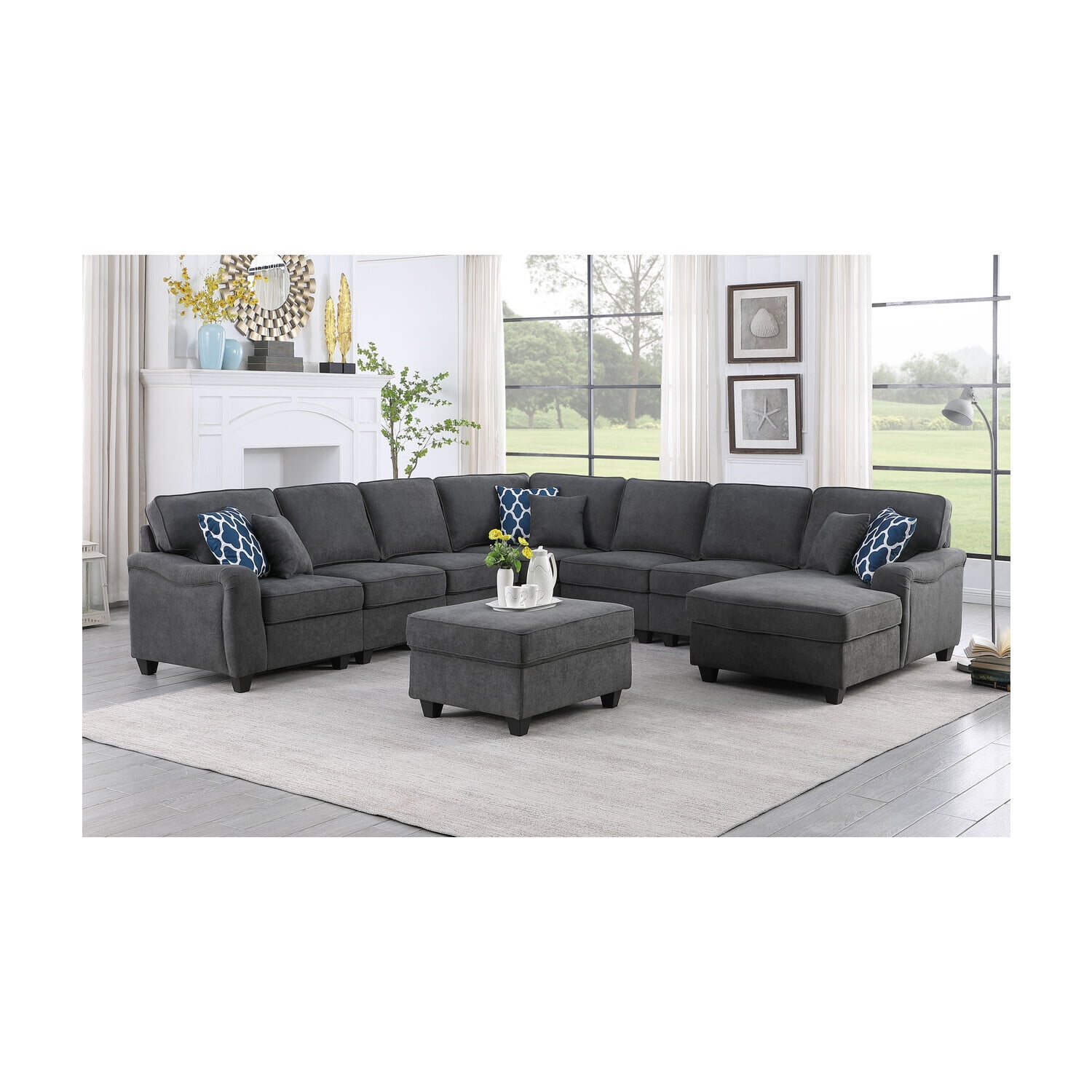 Homestock Coastal Cottage Dark Gray Woven 8Pc Modular LShape Sectional Sofa Chaise and Ottoman