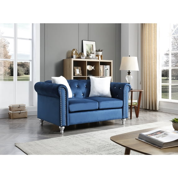 HomeStock Coastal Cottage Loveseat, 60" x 34" x 30" Jeweled Tufted Micro Suede with Pocketed Coil Seats for Comfort-Color:Navy blue