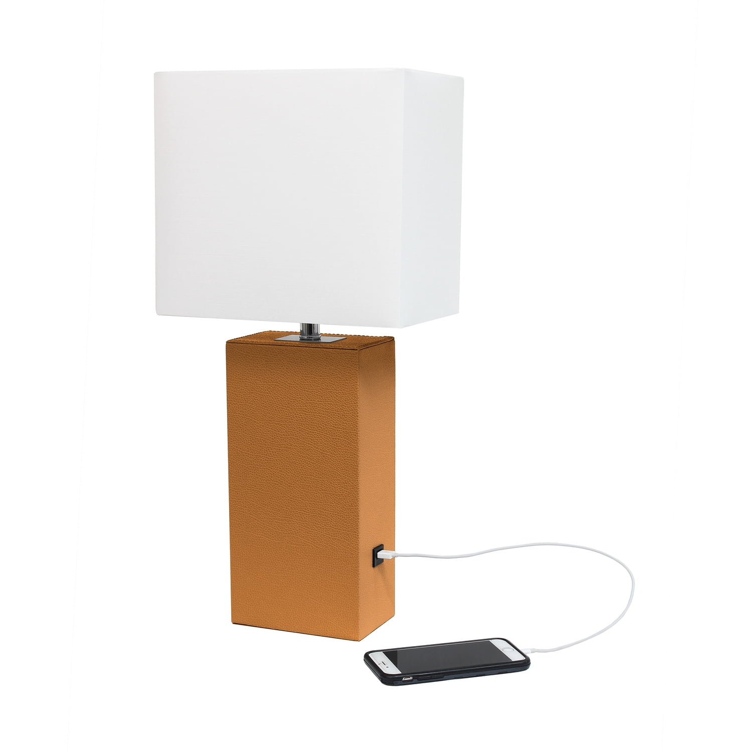 21" Tan Faux Leather Base Modern Nightstand Lamp with USB Port