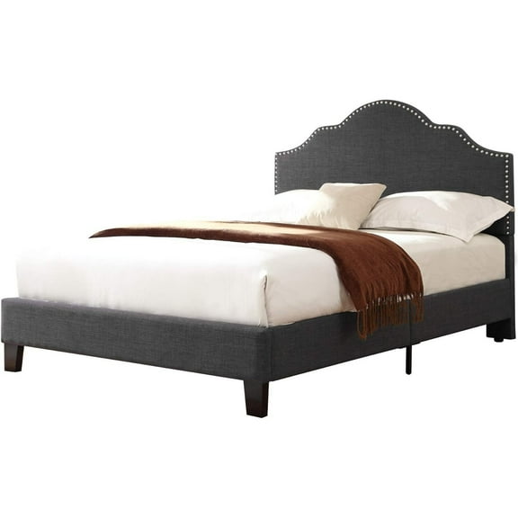 Contemporary Upholstered Bed - Gray Platform Bed with Nailhead & Padded Headboard
