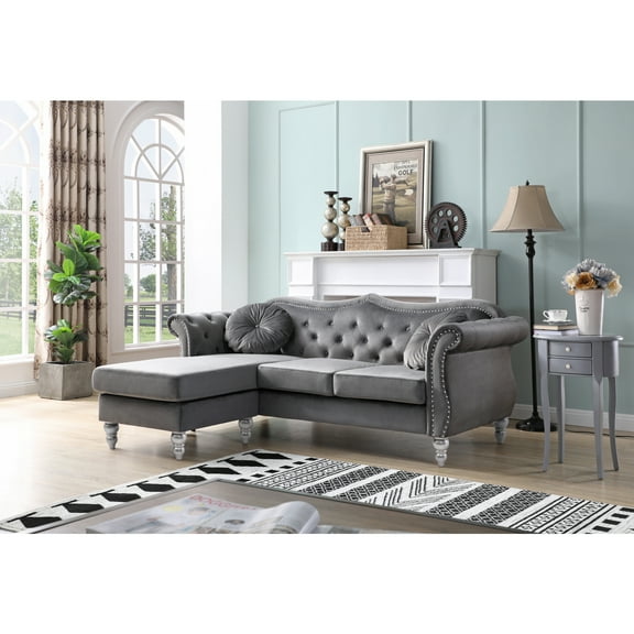 Contemporary Sofa Chaise Sectional - Chic Velvet Tufted Couch with Nailhead Accents - 81 Inch