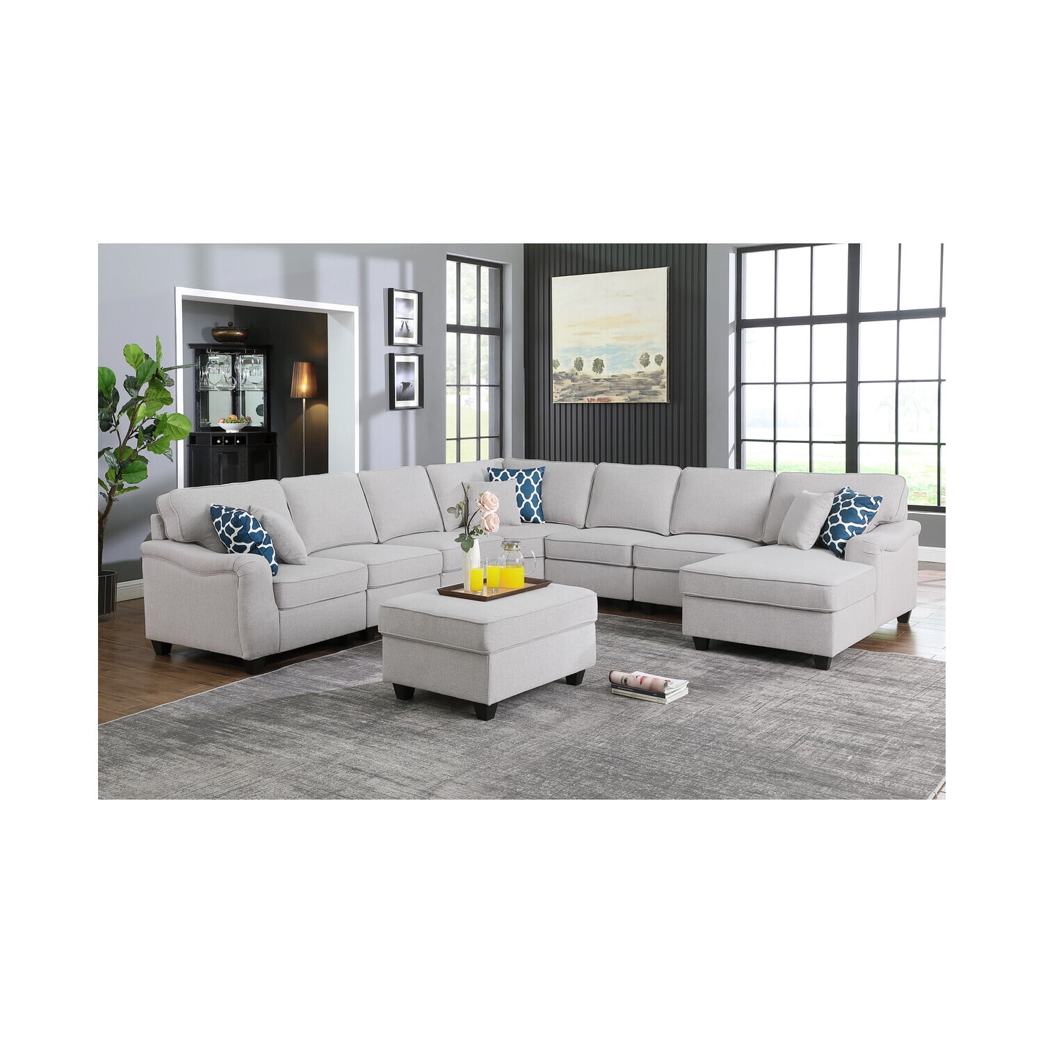 Homestock Contemporary Cool Dark Gray Linen 8Pc Modular LShape Sectional Sofa Chaise and