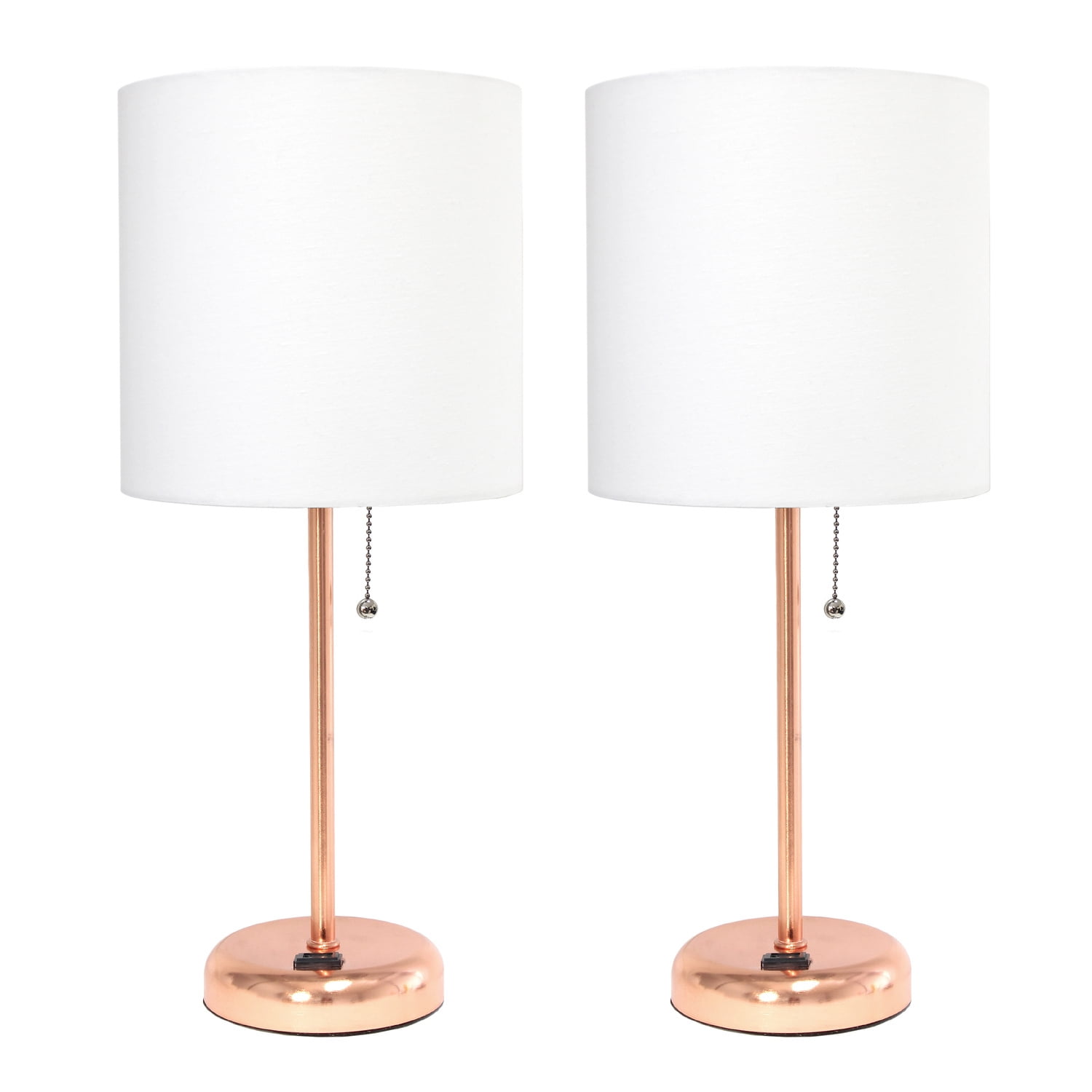 Rose Gold and White Stick Nightstand Lamp Set with Fabric Shade