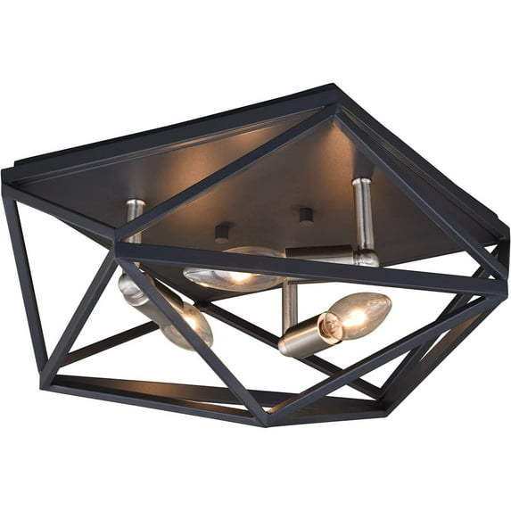 Industrial Cage Flush Mount Ceiling Light - 15 Inch Black Graphite & Satin Nickel Fixture