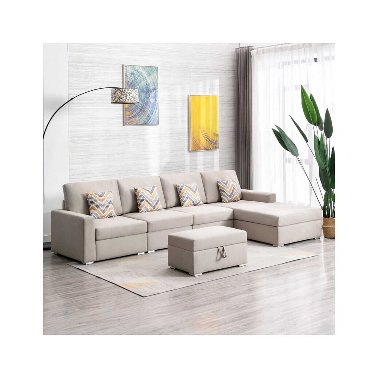 Homestock Earthy Elegance Linen Fabric 5Pc Reversible Sofa Chaise with