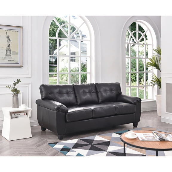 Modern Sofa Couch - Comfortable Living Room Furniture, Black Faux Leather