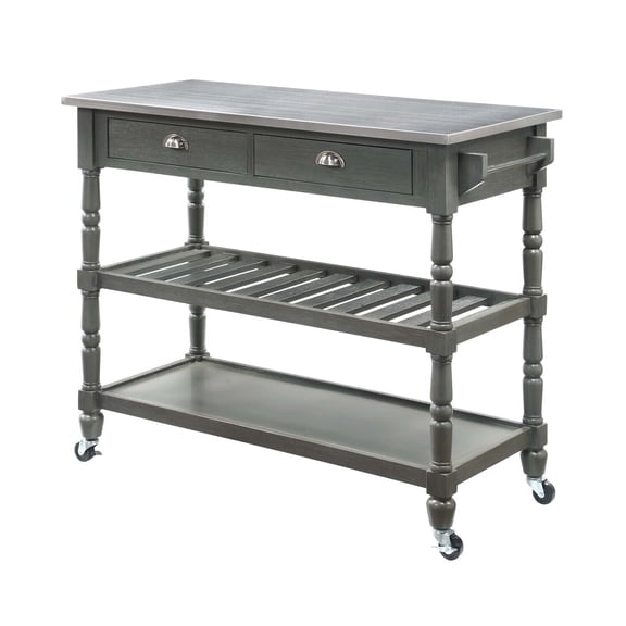 HomeStock Coastal Craftsman 3-Tier Stainless Steel Kitchen Cart with Drawers - 20.5"D x 44"W x 35.5"H, Tiered Shelf, 2 Locking & 2 Regular 360-Degree Swivel Caster Wheels-Color:Wirebrush Dark Gray