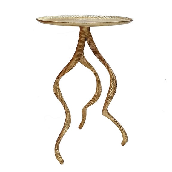 HomeStock Artisanal Artistry 24.4 Inch Gold Aluminium Accent Table with Ribbed Top and Unique Antler Inspired Design