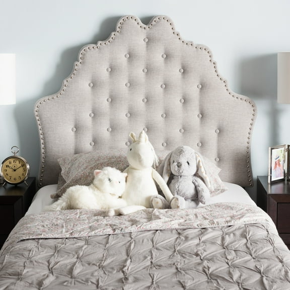 Homestock Earthy Elements Greyish Beige Fabric Twin Size Headboard, Curvaceous Style, Button Tufting, Adjustable Height 54.72" to 62.2"