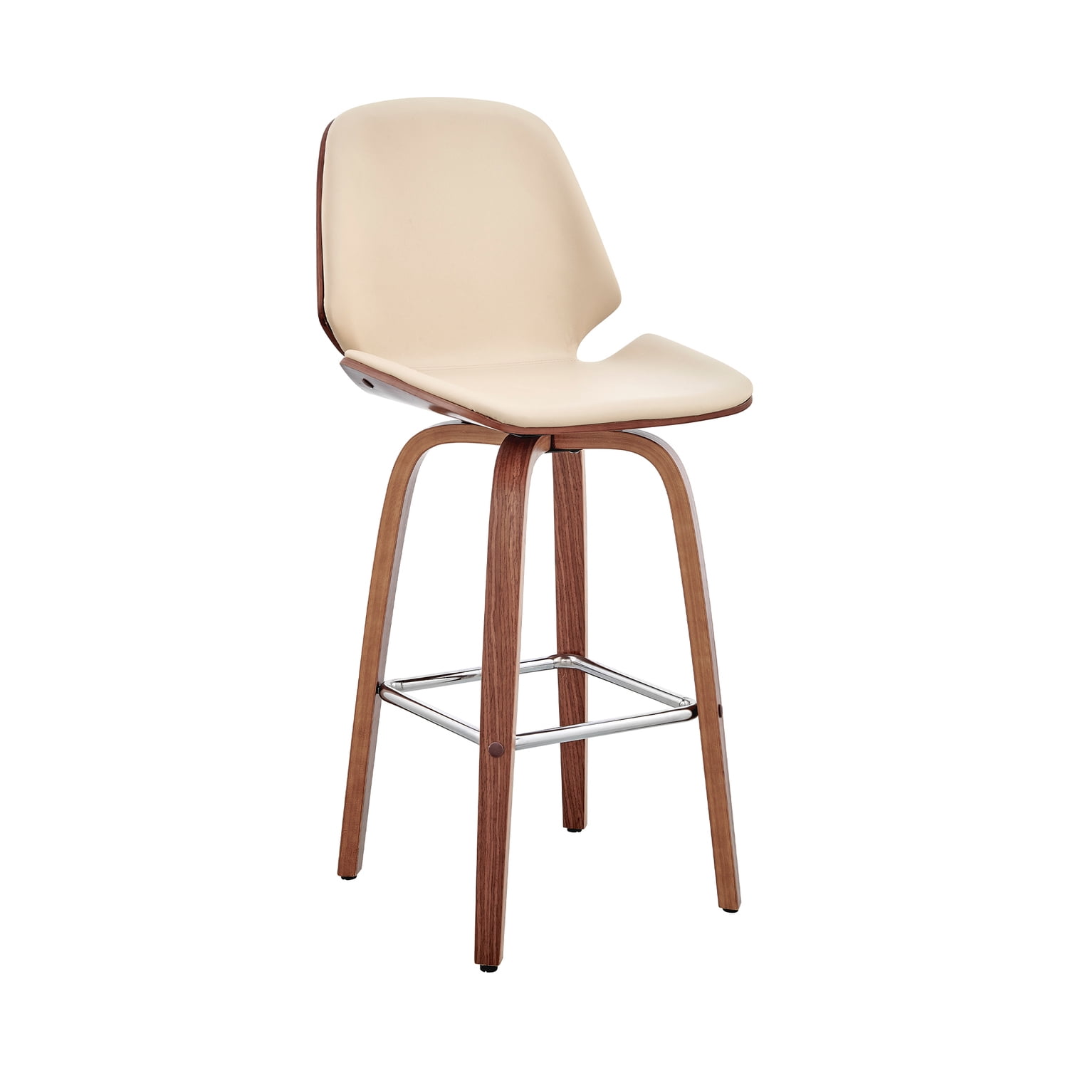 Cream Faux Leather and Walnut Wood Swivel Bar Stool