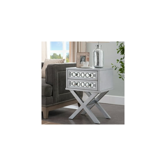 Homestock Eclectic Escape Nightstand Side Table Made With Silver Leaf Finish, Mirrored Filigree Drawers, Diamond Pattern, Two Drawer, Solid Wood X Base, 22" L X 16" W X 28" H