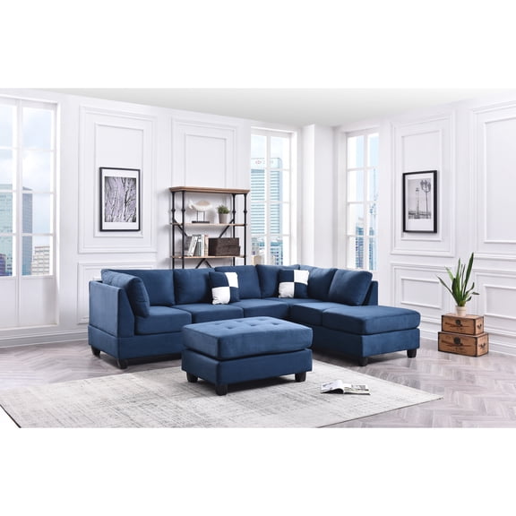 Homestock Elegant Escape L-Shape Sectional Sofa with Button-Tufting, Removable Backs and Pocketed Coil Seating, Track Arm Style, Living Room Sectional Couch -111"D x 78"W x 34"H-Color:Navy blue