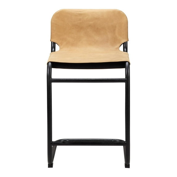 Modern Bar Stools - Set of 2 - Tan Leather Seat - Black Iron Frame - Kitchen Counter Height